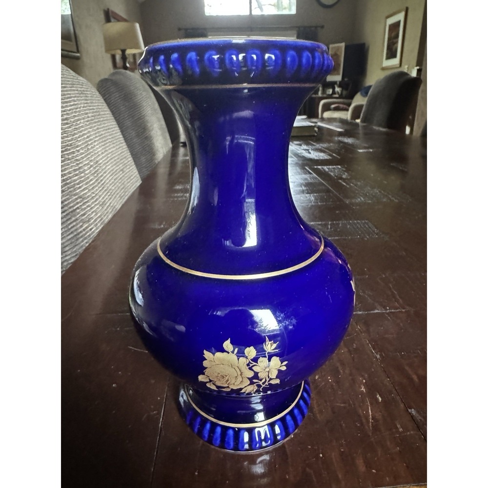 Bareuther Waldsassen Echt Cobalt Blue Vase 22K Gold Floral‎ Rose Sunflower 9.5"